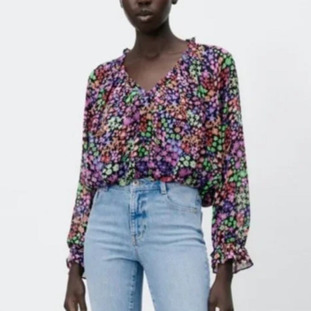 Zara Black Multicolor Ditsy Floral Printed Blouse Womens Small Boho Cottage Core